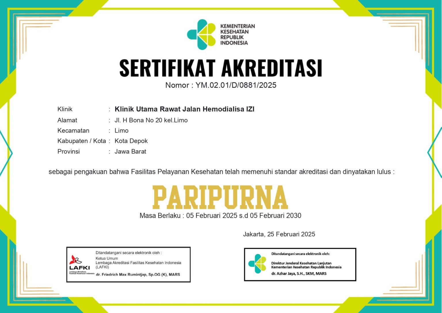 SERTIFIKAT AKREDITAS KLINIK HD